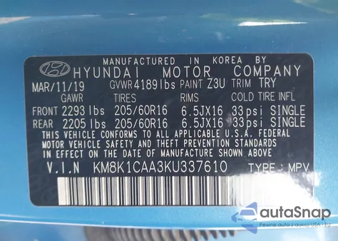 2019 Hyundai Kona Se из США, поврежденный, VIN KM8K1CAA3KU337610